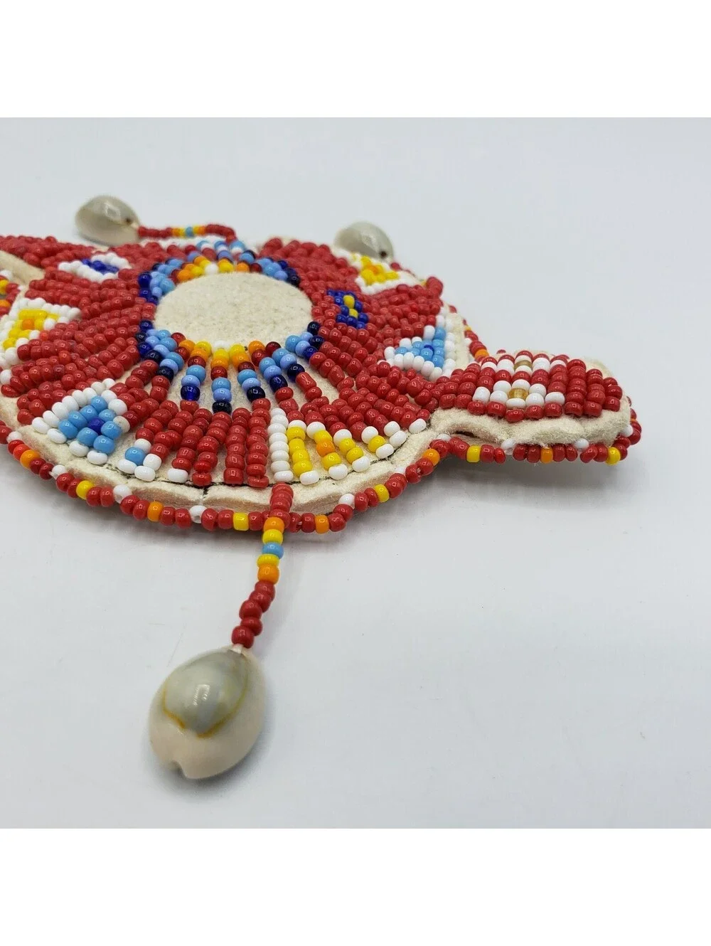 Native American Seed Bead Turtle Fetish Cowrie Shells Leather Red White Blue